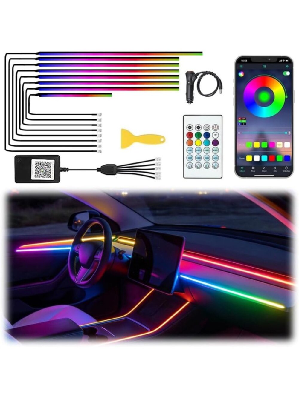 Colorful LED Ambient Car Lights with Remote & App Control - 16 Million Colors